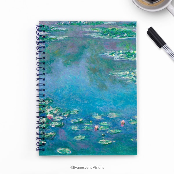 A5 Water Lilies Art Spiral Notebook with Ruled or Graph Paper,  Calude Monet Fine Art Painting Blue Notebook, 19th Century Design