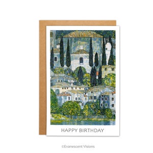 Carte d'anniversaire artistique Klimt, oeuvre d'art personnalisée ou carte vierge, Kirche in Cassone, Jugendstil, peinture à l'huile, église