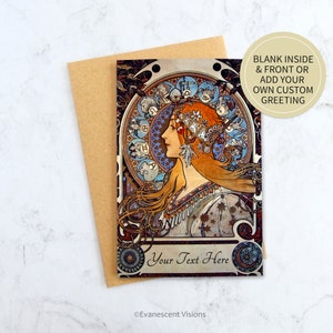 Carte du zodiaque de style Art nouveau, carte personnalisée ou vierge, carte de voeux de style vintage signes du zodiaque, design du XIXe siècle Alphonse Mucha