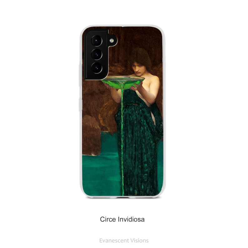 May include: A woman in a green dress holds a bowl with a green liquid pouring out. The background is a dark brown and the liquid is flowing into a pool of water.
