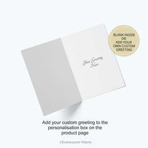 May include: A blank greeting card with a white background and a gray envelope. The card has the text "Your Greeting Here" printed on the inside. The envelope has the text "BLANK INSIDE OR ADD YOUR OWN CUSTOM GREETING" printed on it.