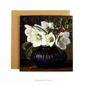 May include: A painting of a bouquet of white flowers in a dark blue vase. The flowers are surrounded by green leaves and red berries. The background is a dark brown with a floral pattern.