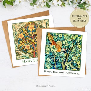 Carte d'anniversaire personnalisée, couronne de roses William Morris, faisan, carte de visite pour lui ou elle, choix de carte nature florale