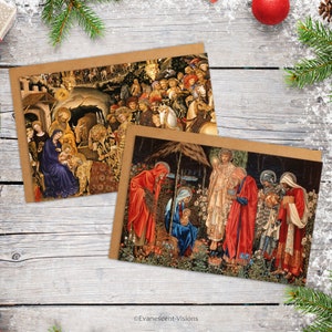 May include: Two Christmas cards featuring vintage illustrations of the Nativity scene. The first card depicts the arrival of the three wise men, while the second card shows the shepherds visiting the baby Jesus.