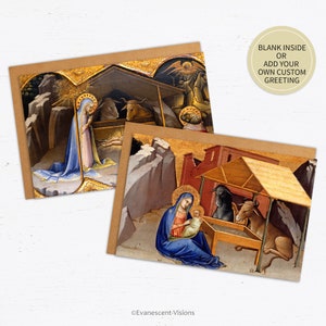 May include: Two Christmas cards with religious artwork depicting the Nativity scene. The cards feature illustrations of Mary, Joseph, and baby Jesus in a stable with animals. The cards have a brown border and the text "BLANK INSIDE OR ADD YOUR OWN CUSTOM GREETING".