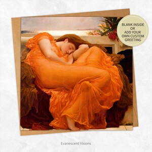 May include: A painting depicting a woman in a flowing orange gown, asleep on a chaise longue. Her hair is long and flowing, and her face is serene. The background is a soft, muted colour, creating an overall sense of peace and tranquility.