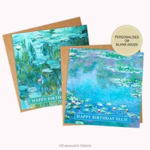 Carte d'anniversaire personnalisée nénuphars, carte de visite peintures Monet pour lui ou elle, carte Nature florale au choix
