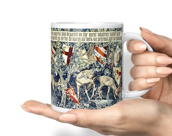 William Morris Art Coffee Mug, Tea Mug, 11oz Mug, Verdure Deer and Shields Holy Grail Art Mug, King Arthur and Knights of the Round Table