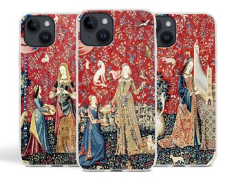 Medieval Art Phone Case, Decorative Gel case for iPhone 16, 15, 14, 13, 12, 11, 10, X, XR, XS, 8, 7,  SE, Tapestry Cycle, Lady and Unicorn