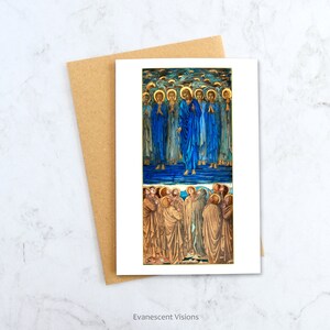 May include: A greeting card featuring a religious painting of Jesus Christ surrounded by angels in blue robes, with a group of people looking up at him from below. The card has a white background and a gold border.