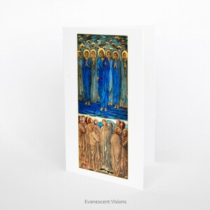 May include: A vintage-style greeting card featuring a religious painting of Jesus Christ surrounded by angels. The painting is in a blue, gold, and white color scheme. The card is blank inside for writing a message.