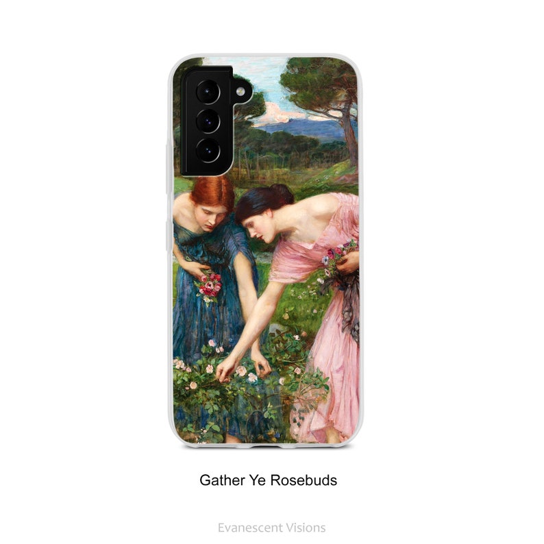 May include: Two women in flowing dresses gather pink and white rosebuds in a lush green garden. The painting is titled "Gather Ye Rosebuds" and signed "Evanescent Visions".