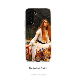 May include: A phone case featuring a painting of a woman with long red hair, wearing a white dress and a gold crown. She is sitting on a bed with a patterned tapestry. The painting is titled "The Lady of Shalott" by John William Waterhouse.