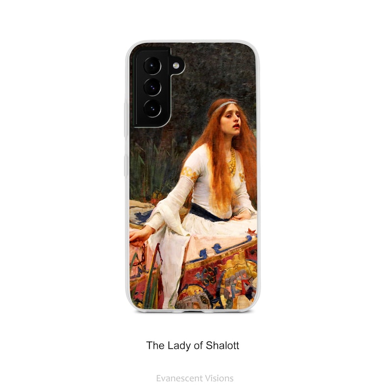 May include: A phone case featuring a painting of a woman with long red hair, wearing a white dress and a gold crown. She is sitting on a bed with a patterned tapestry. The painting is titled "The Lady of Shalott" by John William Waterhouse.