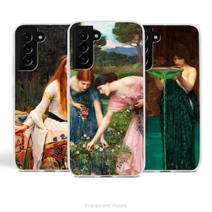 May include: Three phone cases featuring different paintings of women in a forest setting. The first case shows a woman in a white dress with long red hair, the second case shows two women in blue and pink dresses, and the third case shows a woman in a green dress pouring a green liquid from a bowl.