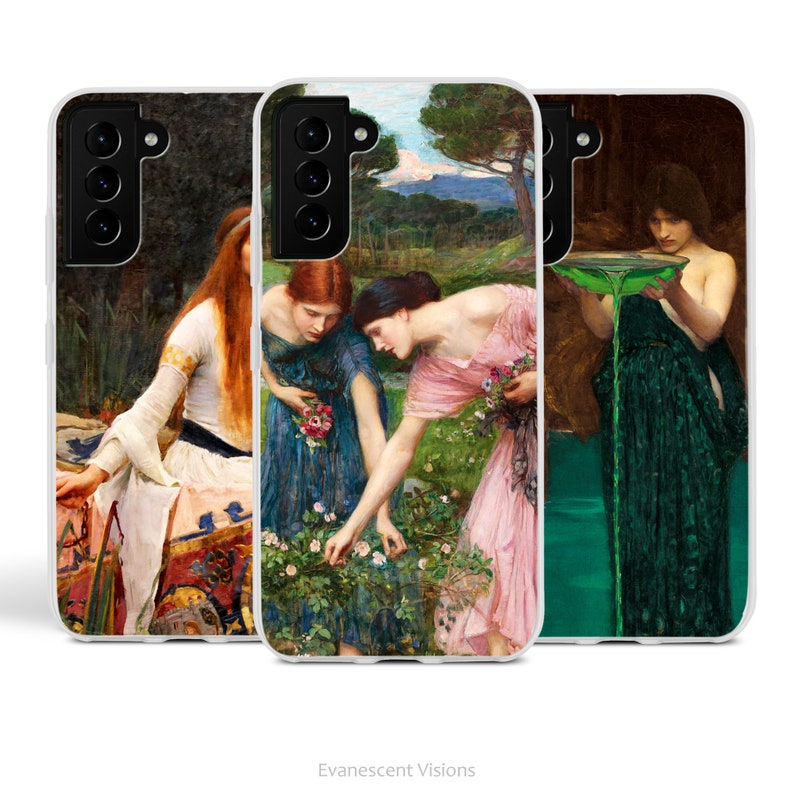 May include: Three phone cases featuring different paintings of women in a forest setting. The first case shows a woman in a white dress with long red hair, the second case shows two women in blue and pink dresses, and the third case shows a woman in a green dress pouring a green liquid from a bowl.