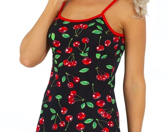 Women Chemise Nightgown, Cherry on Black, Pure Cotton Jersey Nightshirt, Healthy Sleepwear