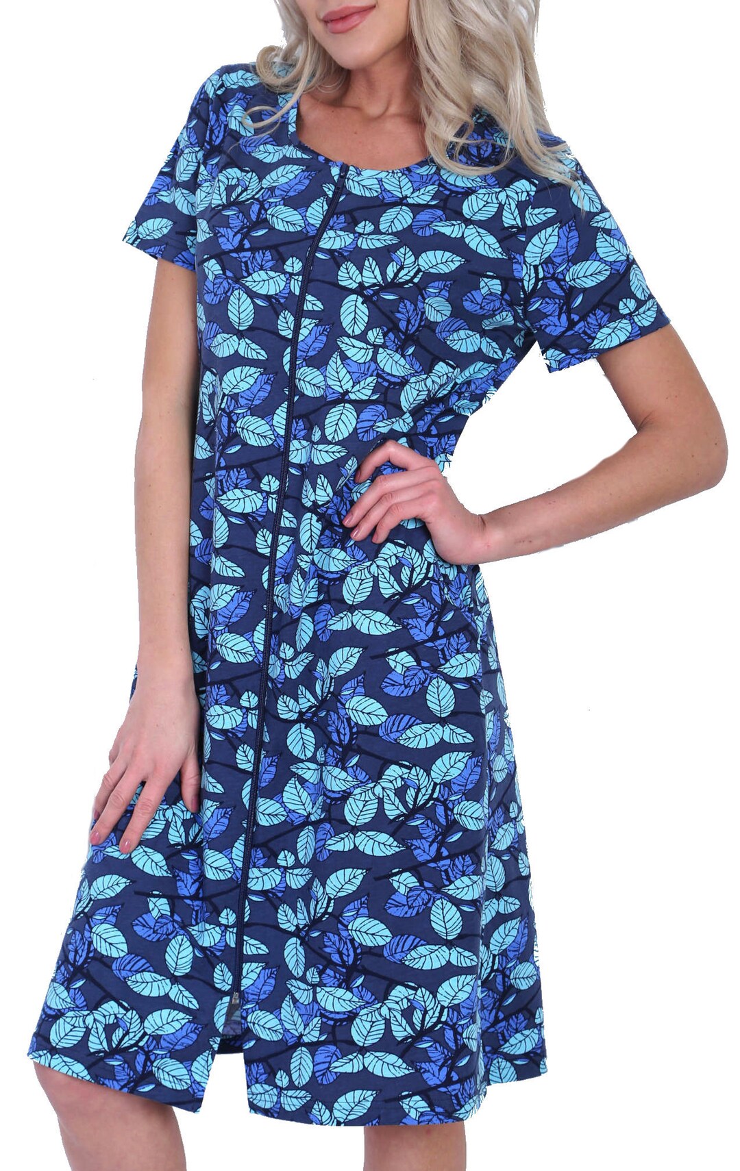 Women Bathrobe Pure Cotton Jersey Short Sleeves Blue Leaves Etsy