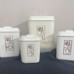 Vintage Plastic 4 Canister Set Flour Sugar Coffee Tea Brown Beige Nesting  MCM