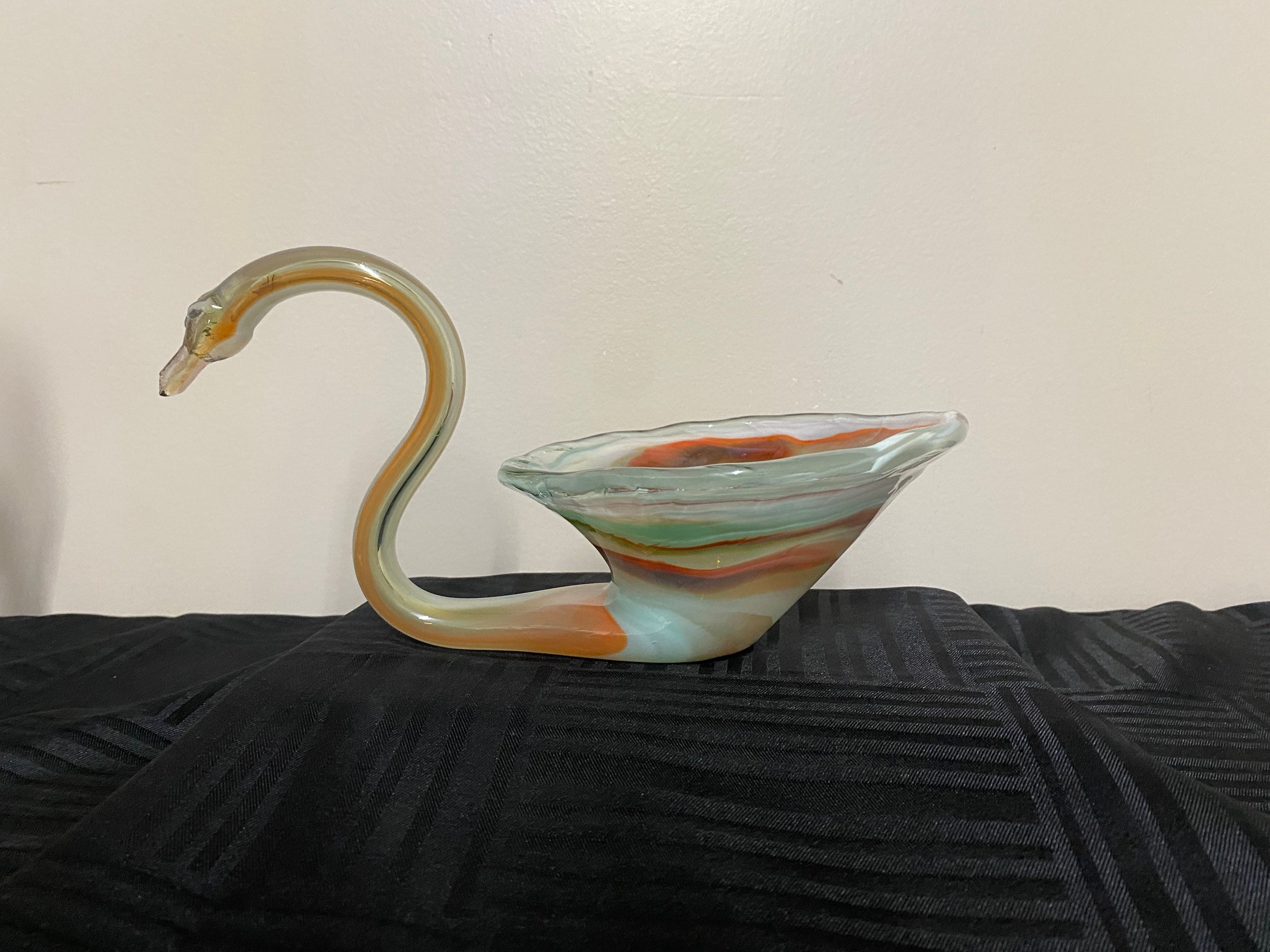 Vintage Art Glass Swan Sculpture Bowl Pulled Glass Swirl Etsy