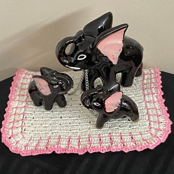 Elephant & Babies Figurines Vintage Redware Japan / Black and Pink Elephants with Chain