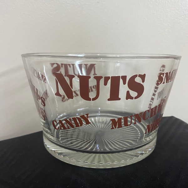 Vintage Wheaton Glass Snack Serving Bowl/ Brown lettering/ Snacks Nuts Munchies Pretzels Candy Glass Bowl