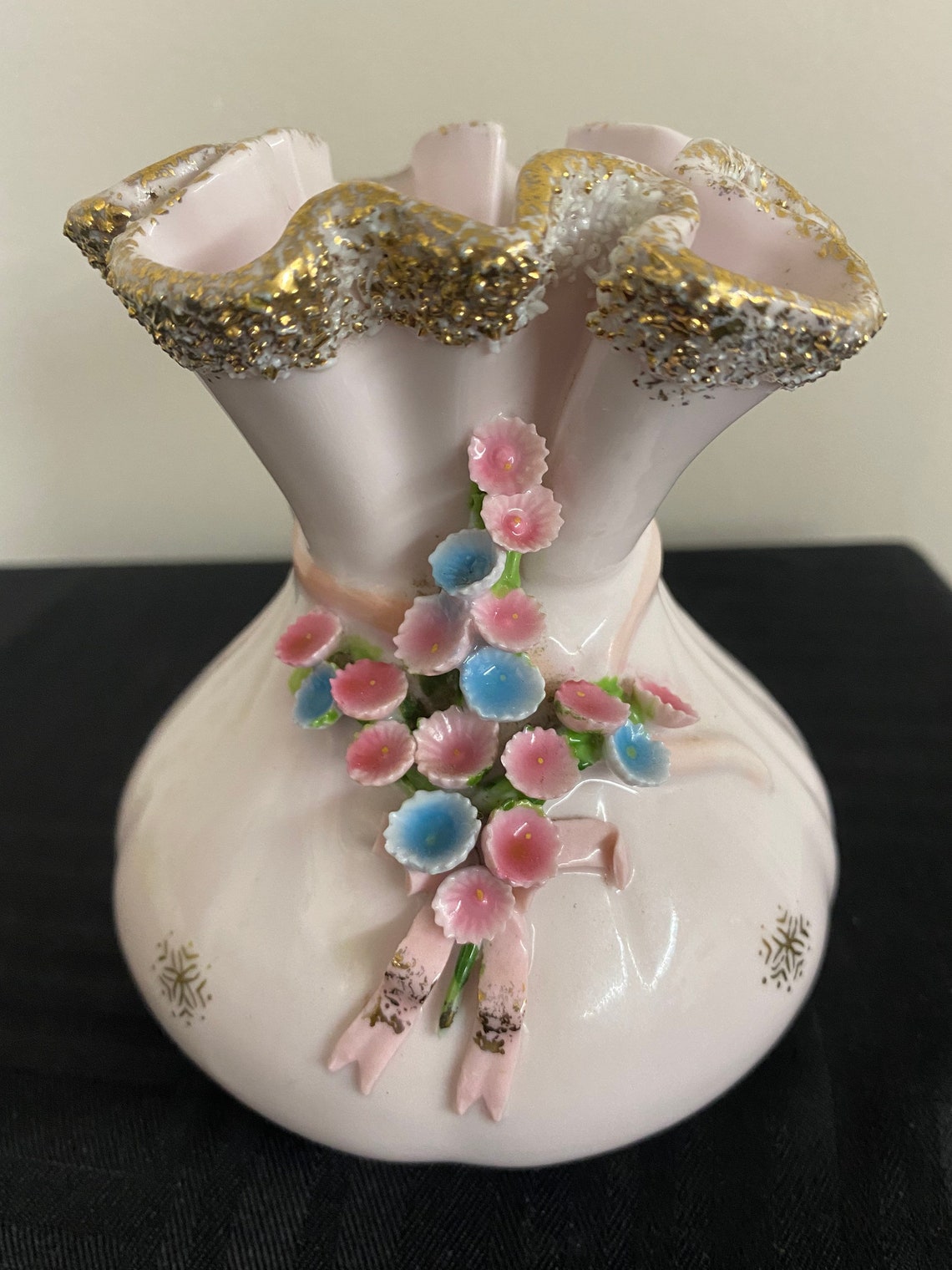 Lefton China Pink Bag Vase with Flowers Gold Textured Edge Etsy