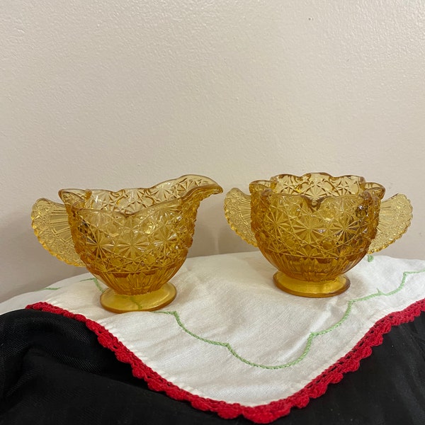 Amber Daisy & Button Sugar and Cream Set / Vintage Glass Sugar bowl Creamer /