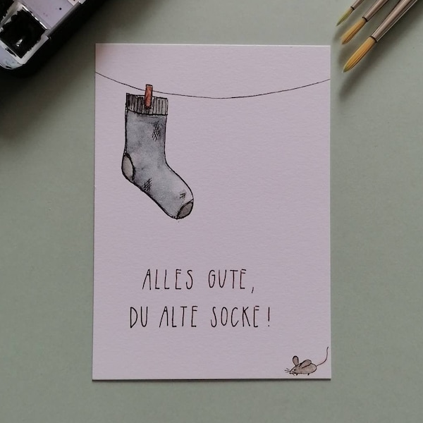 Handgemalte Grußkarte "Alles Gute, du alte Socke"