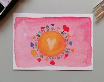 Hand-painted greeting card "Heart with flowers"