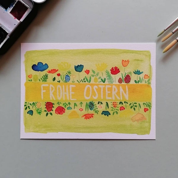 Handgemalte Grußkarte "Frohe Ostern" mit Blumen