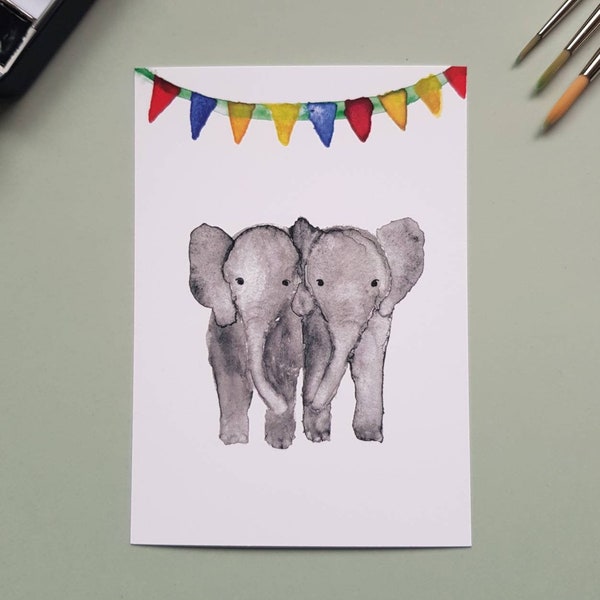 Handgemalte Postkarte "Elefanten mit Wimpelkette"