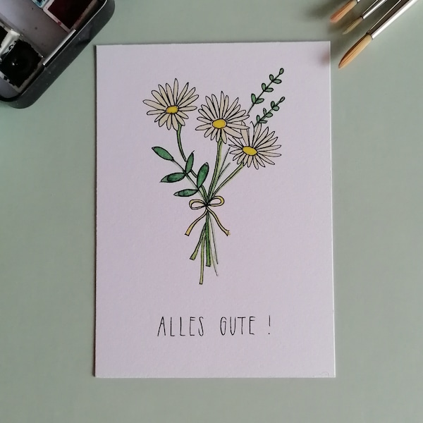 Handgemalte Postkarte "Alles Gute!" mit Blumenstrauß