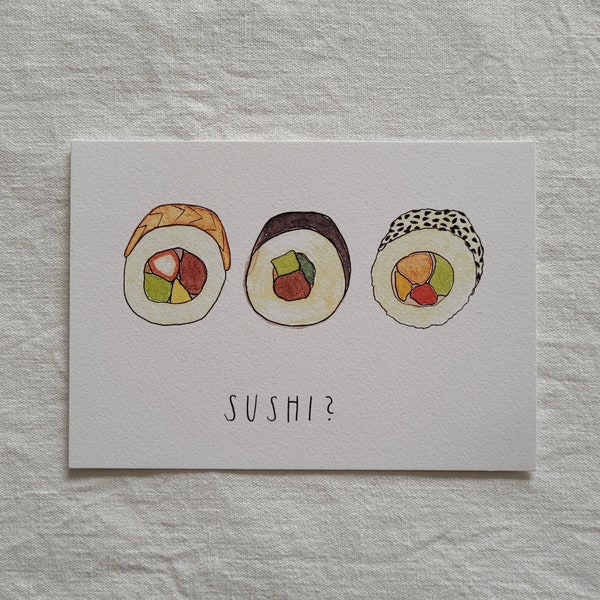 Hand-painted postcard "Sushi?"