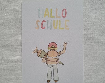 Handgemalte Postkarte "Hallo Schule"