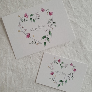 Handgemalte Grußkarte "Alles Liebe" mit Blumenherz A6/A7