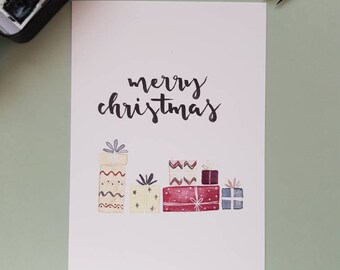 Hand-painted Christmas card "Merry Christmas" (gifts)