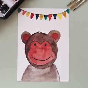 Handgemalte Grußkarte "Affe" mit Wimpelkette