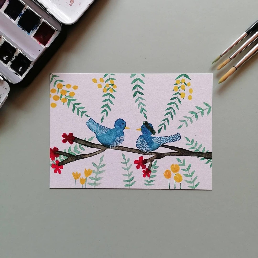 Handpainted Postcard/folding Card bird Couples Etsy
