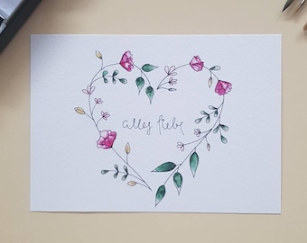 Hand-painted greeting card "All the best" with a floral heart