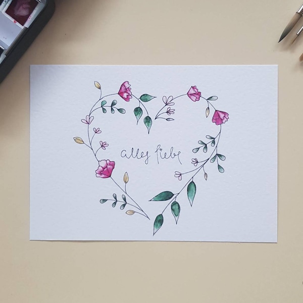 Carte de voeux peinte à la main "Tout le meilleur" avec un coeur floral