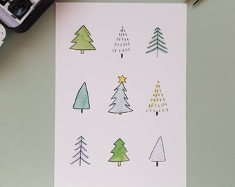 Hand-painted Christmas postcard/folding card “Fir Trees”