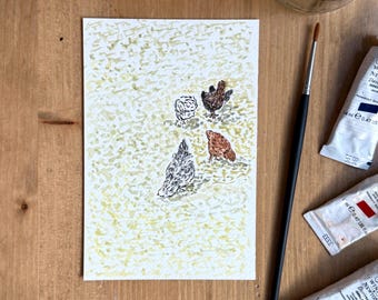 Chickens in the Grass Original Gouache Painting, 4x6 inches