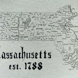 May include: A black and white line art map of Massachusetts with the state's name and the year 1788 written below. The map shows the major cities and towns in the state, including Boston, Springfield, Worcester, and Lowell. A compass rose is in the upper right corner of the map.