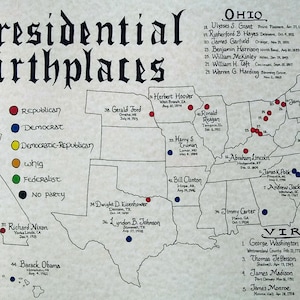 Presidential Birthplaces map hand drawn