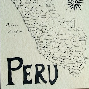 May include: A black and white map of Peru with the country's name in large, bold letters. The map shows the major cities and regions of Peru, including Lima, Cusco, and Arequipa. The map also includes a compass rose in the upper right corner.