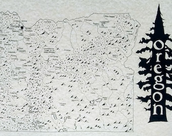 May include: A black and white map of Oregon with the state's name written vertically in a stylized tree silhouette. The map shows major cities, rivers, and mountain ranges.