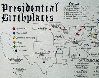 Presidential Birthplaces map hand drawn