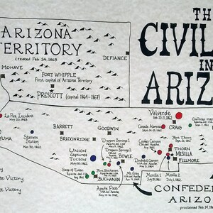 May include: A detailed map of Arizona during the Civil War, featuring key battles and locations. The map includes text such as "Arizona Territory" and "Confederate Arizona," with dates and battle outcomes marked by colored dots and symbols. A compass rose is in the upper left.
