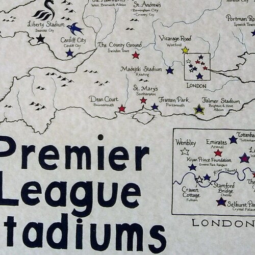 Premier League Stadiums Map Etsy Canada